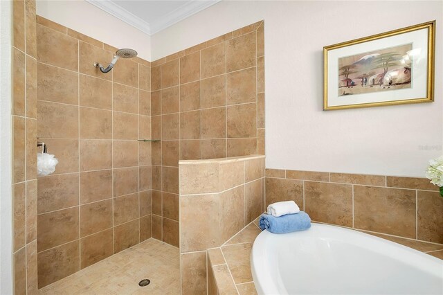 bathroom featuring separate shower and tub and crown molding