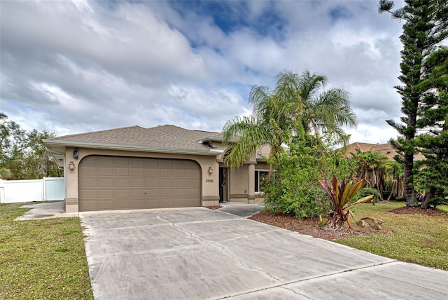 view of front of home featuring a front yard and a garage