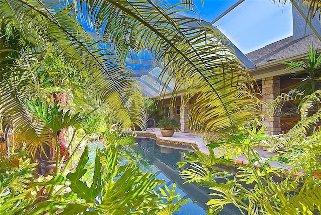 view of swimming pool featuring a patio and a lanai