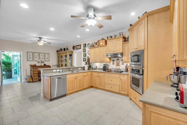 kitchen with crown molding, light brown cabinetry, kitchen peninsula, and appliances with stainless steel finishes