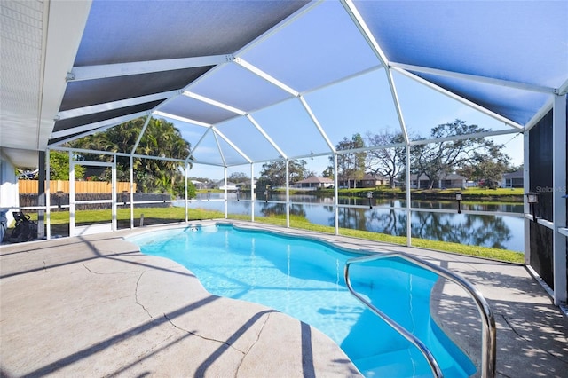 view of swimming pool featuring a lanai, a water view, and a patio