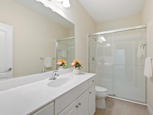 bathroom with tile patterned floors, vanity, toilet, and walk in shower