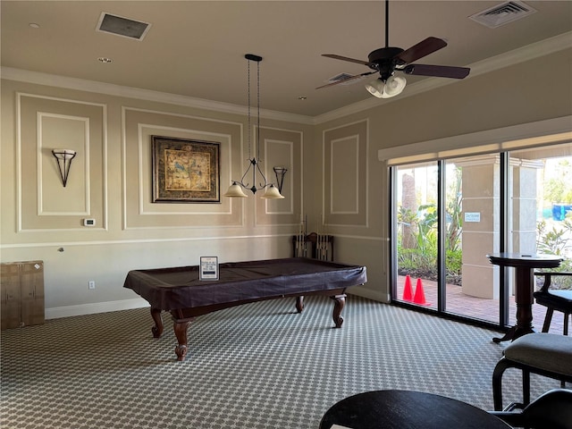 game room with carpet flooring, ceiling fan, pool table, and ornamental molding