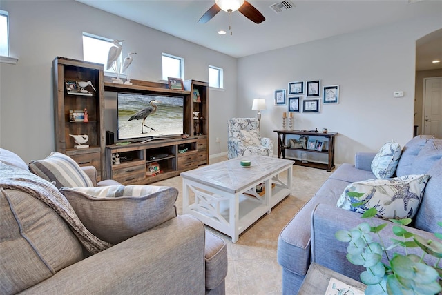 living room with ceiling fan