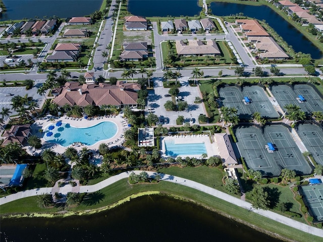 drone / aerial view featuring a water view