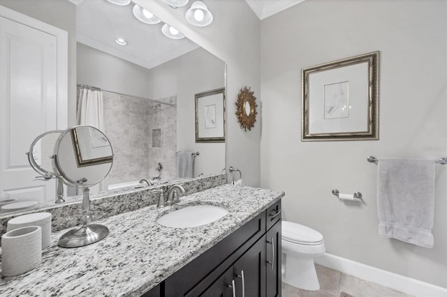 bathroom with tile patterned floors, crown molding, toilet, vanity, and a shower with shower curtain