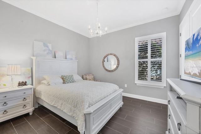 bedroom featuring wood tiled floor, baseboards, and an inviting chandelier
