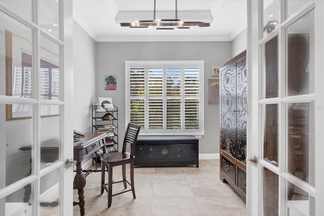 office with crown molding, french doors, a tray ceiling, and light tile patterned floors