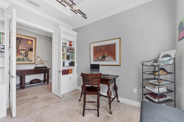 office space featuring visible vents, crown molding, and baseboards