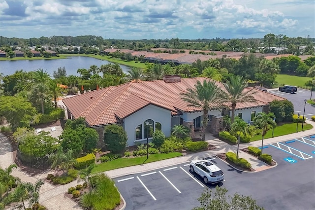 aerial view featuring a water view