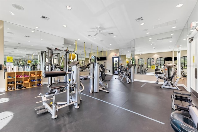gym with visible vents, ceiling fan, and recessed lighting