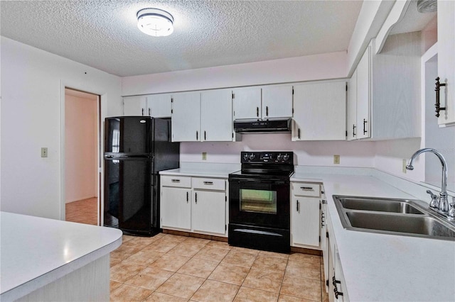 kitchen with black appliances, white cabinets, sink, a textured ceiling, and light tile patterned flooring