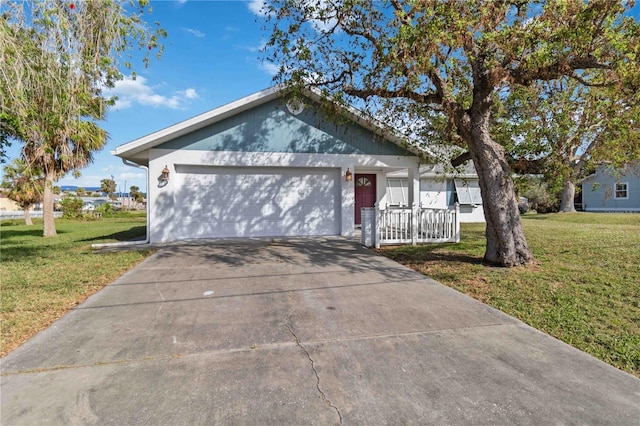 single story home with a garage and a front yard