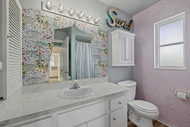 bathroom featuring hardwood / wood-style floors, vanity, and toilet