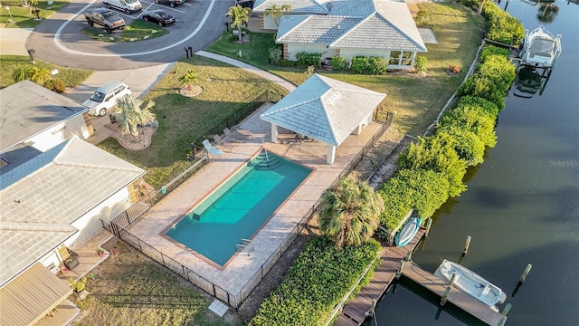 aerial view featuring a water view