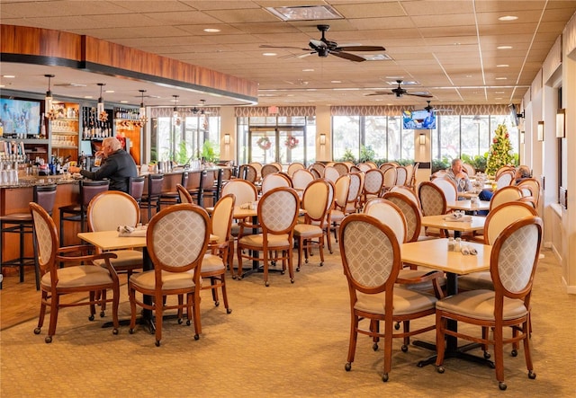 dining space featuring light carpet, a wealth of natural light, a drop ceiling, and bar area