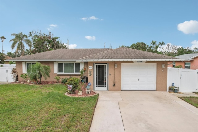 single story home with a front yard and a garage