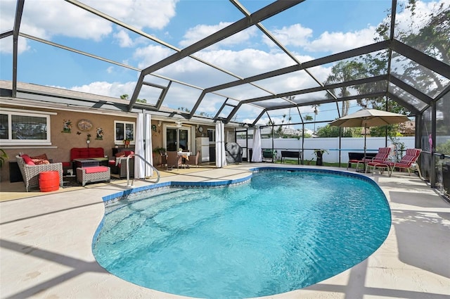 view of swimming pool with glass enclosure, an outdoor living space, and a patio