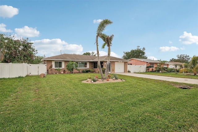 single story home featuring a front lawn and a garage