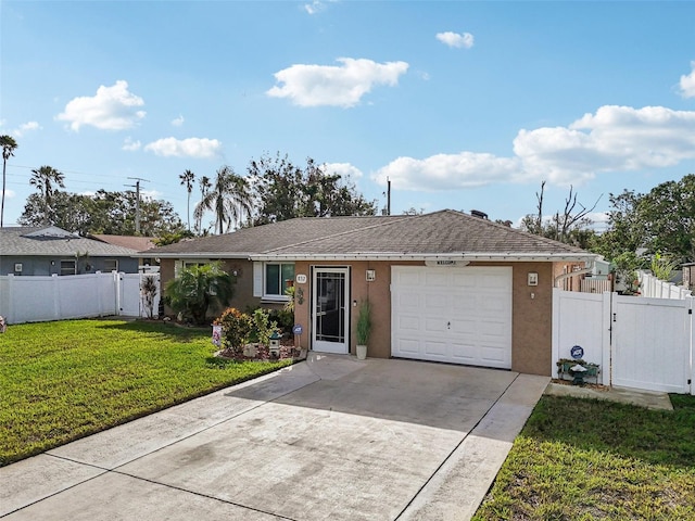 single story home with a front lawn and a garage