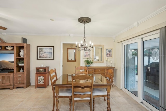 dining space featuring light tile patterned floors, crown molding, and a notable chandelier