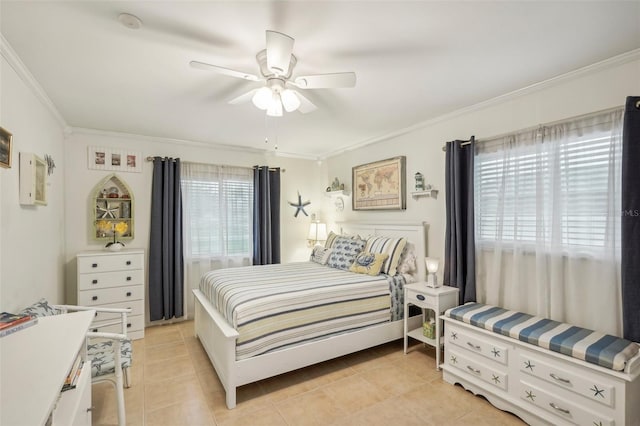 tiled bedroom featuring ceiling fan and ornamental molding