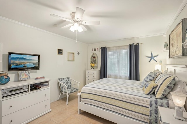 tiled bedroom with ceiling fan and crown molding