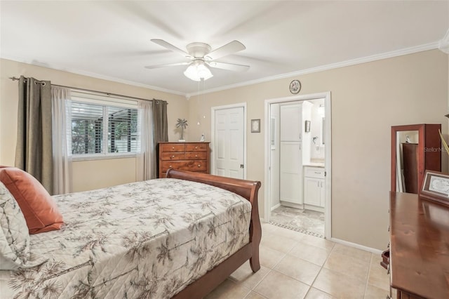 tiled bedroom with ensuite bath, ceiling fan, and ornamental molding