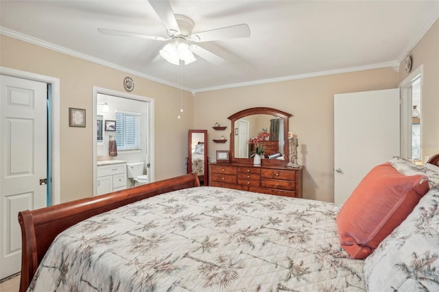 bedroom with ceiling fan, crown molding, and connected bathroom