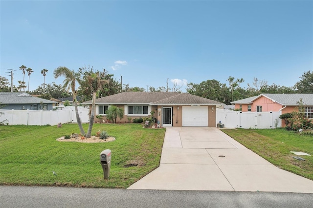 ranch-style home featuring a front lawn and a garage