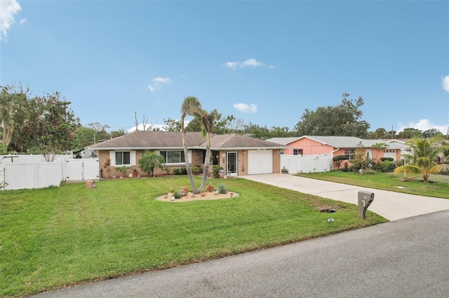 single story home featuring a garage and a front lawn