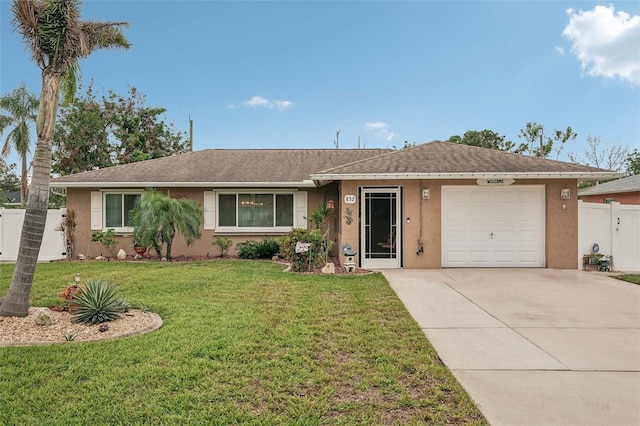 ranch-style home with a front lawn and a garage