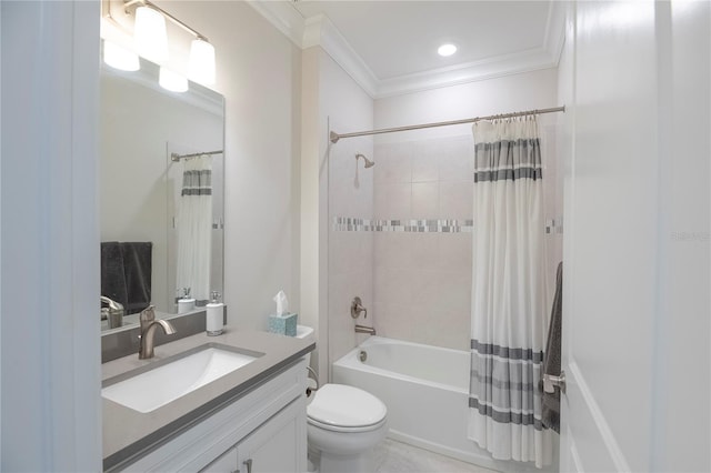 full bathroom featuring toilet, shower / tub combo with curtain, vanity, and ornamental molding