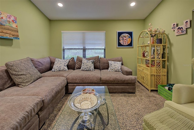 carpeted living area featuring recessed lighting