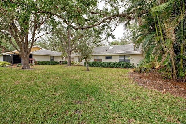 ranch-style home featuring a front lawn and stucco siding