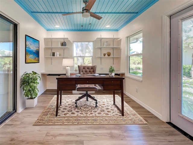office with a ceiling fan, wooden ceiling, baseboards, and light wood-type flooring