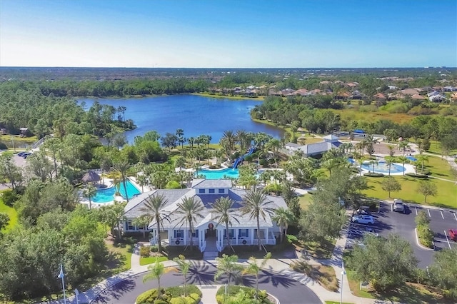 drone / aerial view featuring a water view