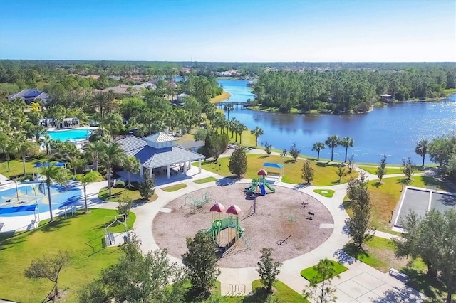 birds eye view of property with a water view