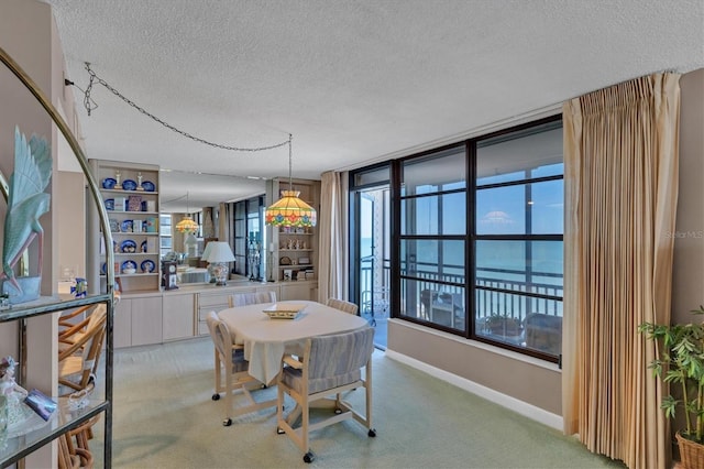 carpeted dining area featuring a textured ceiling