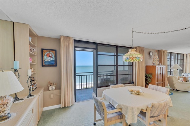 dining space featuring a wealth of natural light, a water view, light carpet, and a textured ceiling