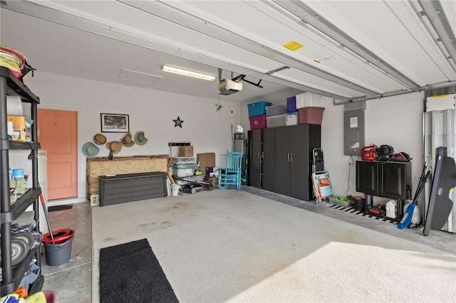 garage featuring a garage door opener and electric panel