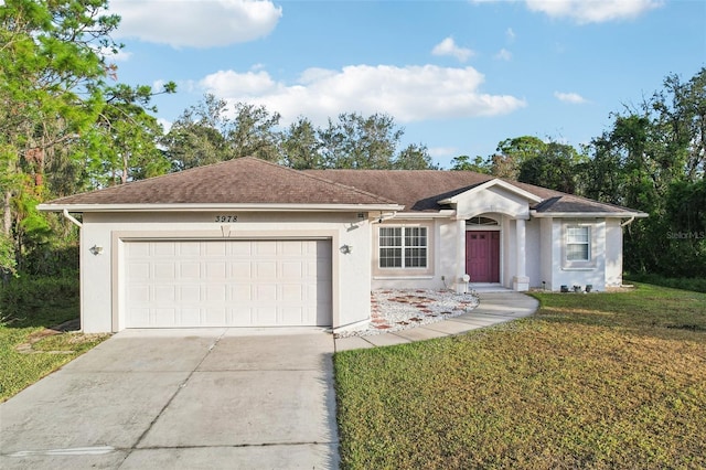 ranch-style house featuring an attached garage, a front lawn, concrete driveway, and stucco siding