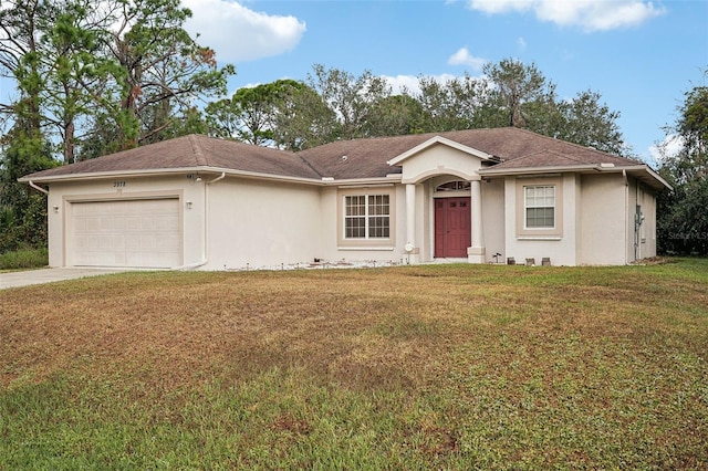 single story home with a front lawn and a garage