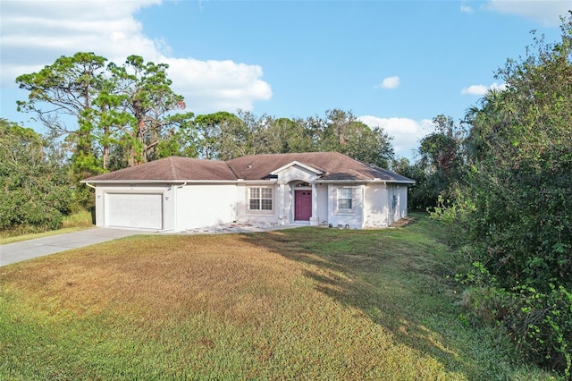 ranch-style home featuring a garage, driveway, a front lawn, and stucco siding