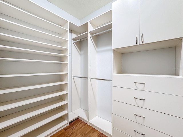 walk in closet with wood-type flooring