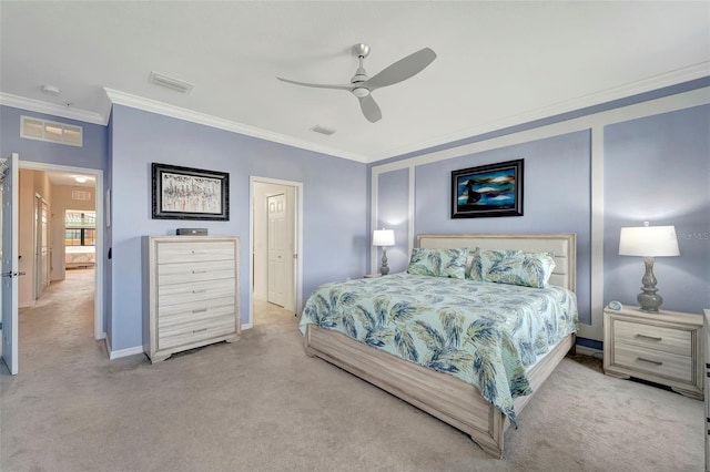 bedroom featuring ceiling fan, carpet, and ornamental molding