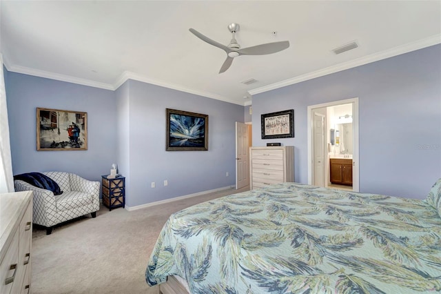 carpeted bedroom featuring connected bathroom, ceiling fan, and ornamental molding