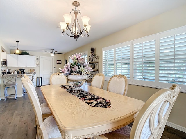 dining room featuring ceiling fan with notable chandelier and dark hardwood / wood-style floors