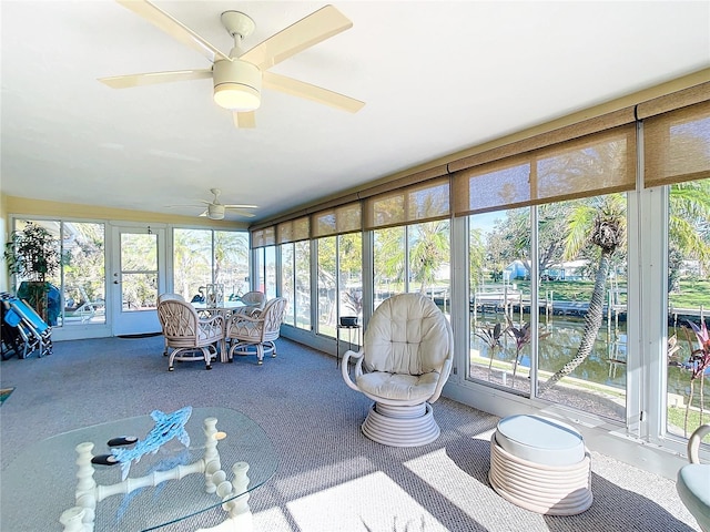 4 Windsor Dr, Englewood, FL 34223 - sunroom / solarium featuring a water view, ceiling fan, and outdoor dining area