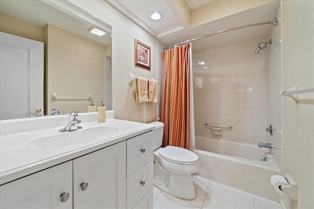 full bathroom with toilet, shower / tub combo, vanity, and tile patterned floors